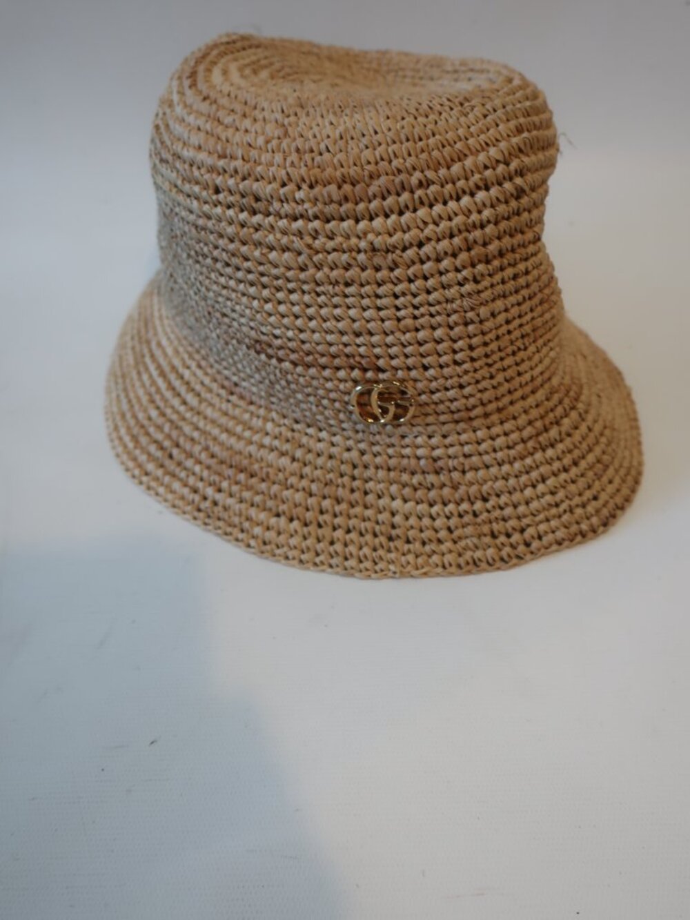NWT Womens Gucci Double G Logo Beige Raffia Straw Bucket Hat Size M
